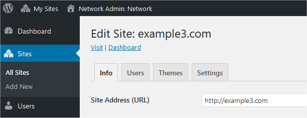 Propriedades de um site numa rede. A URL do site é http://example3.com/