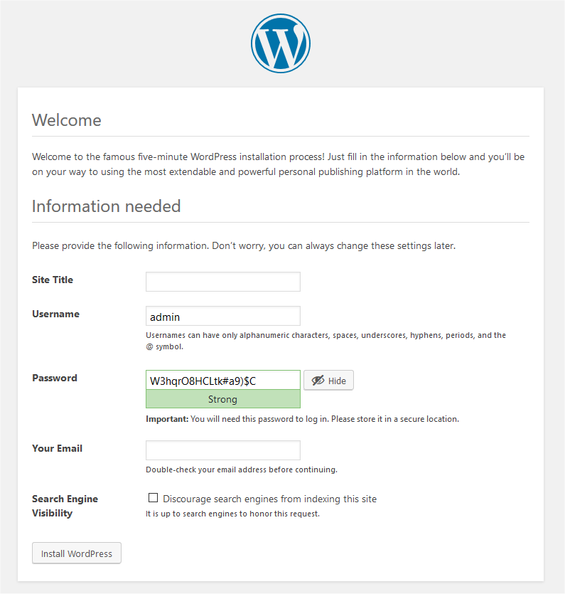 The Welcome to WordPress installation screen