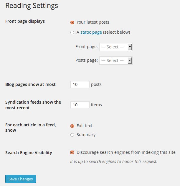 WordPress reading settings paget