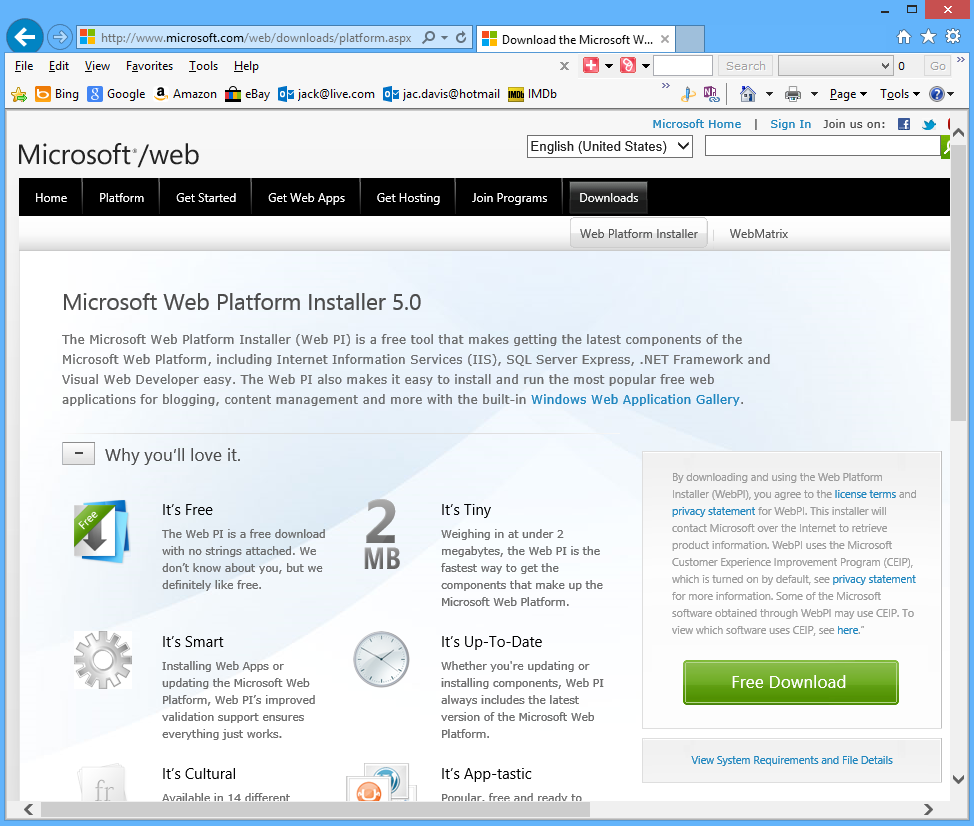 Microsoft Web Platform Installer 5.0 webpage