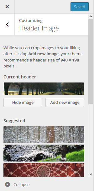 Select/add custom header in the customizer screenshot