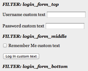 Screenshot of wp_login_form display, with filters adding text