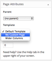 Screenshot of Page Attributes module with Template select options pulled down