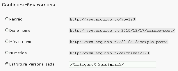 Campos para estruturas de links