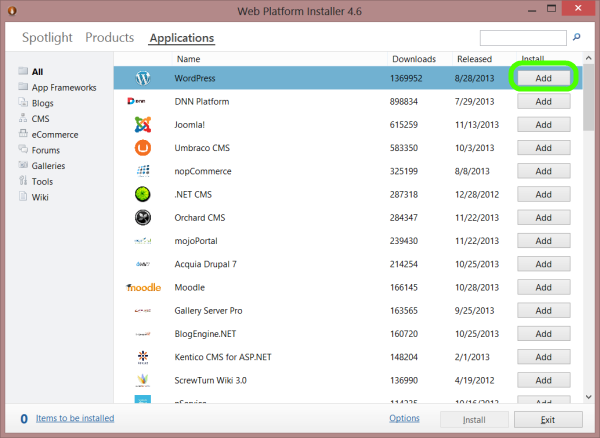 List of apps on WebPI