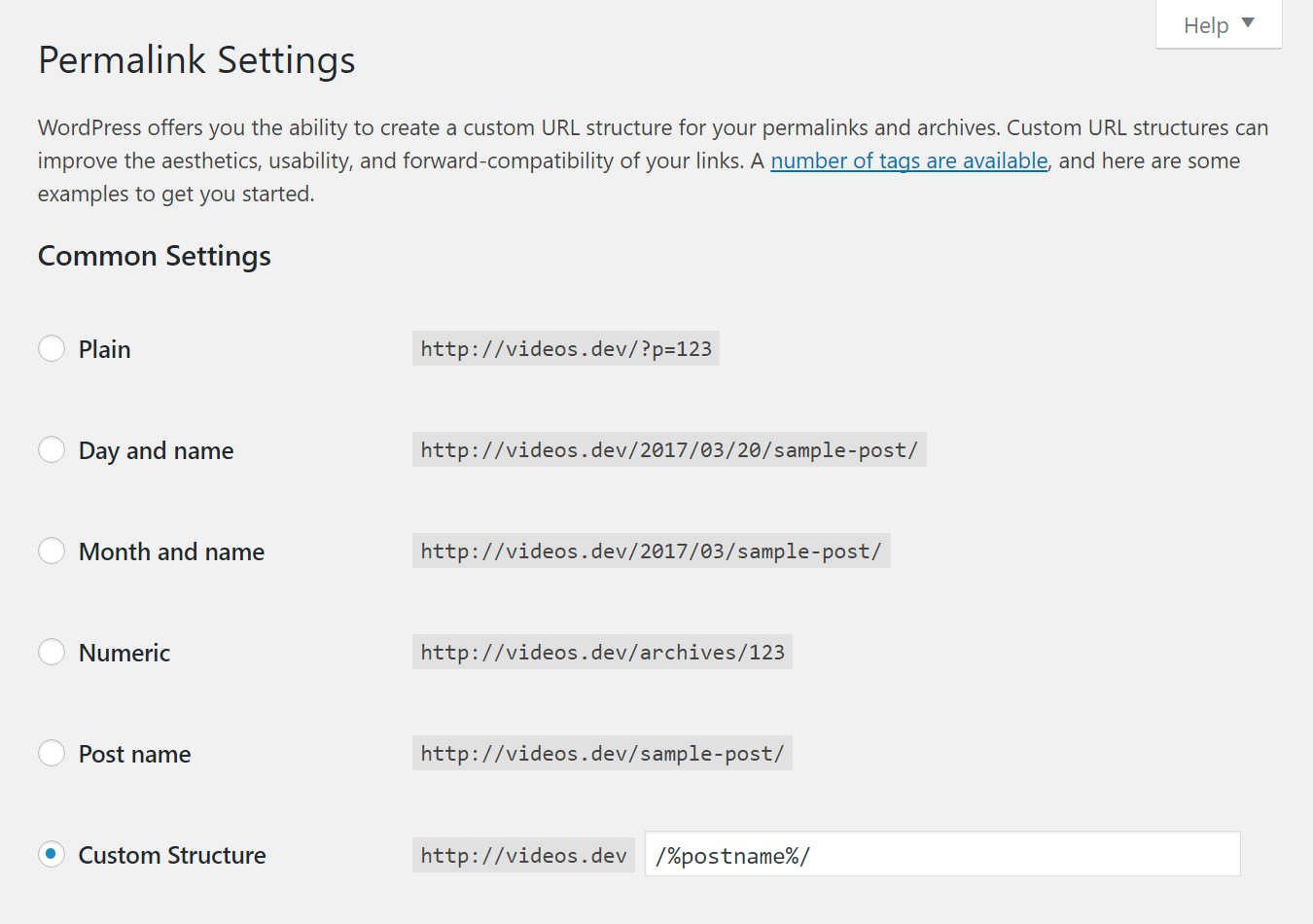 WordPress permalink settings