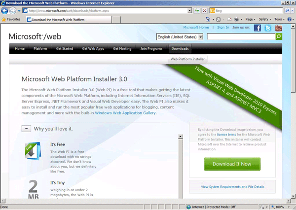 Microsoft Web Platform Installer 3.0 webpage
