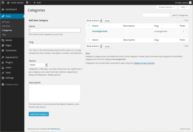 Manage Categories Subpanel Wordpress Codex