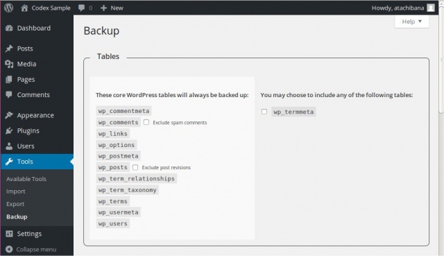 WordPress Database Backup plugin Tables section