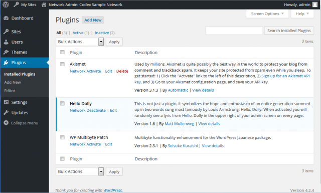 Network Admin Plugins Screen