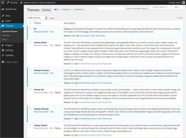 Network Admin Themes Screen