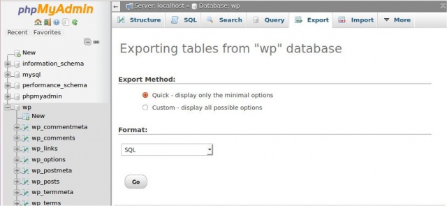 PhpMyAdmin export tab screenshot