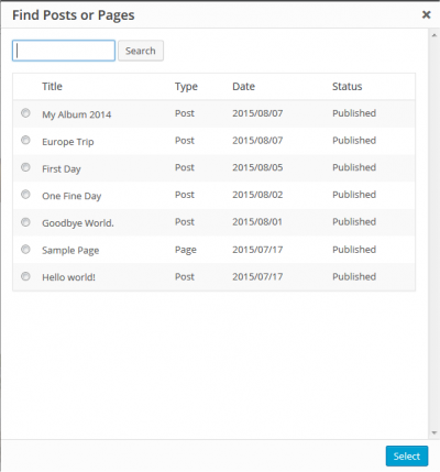 Find Posts or Pages dialog